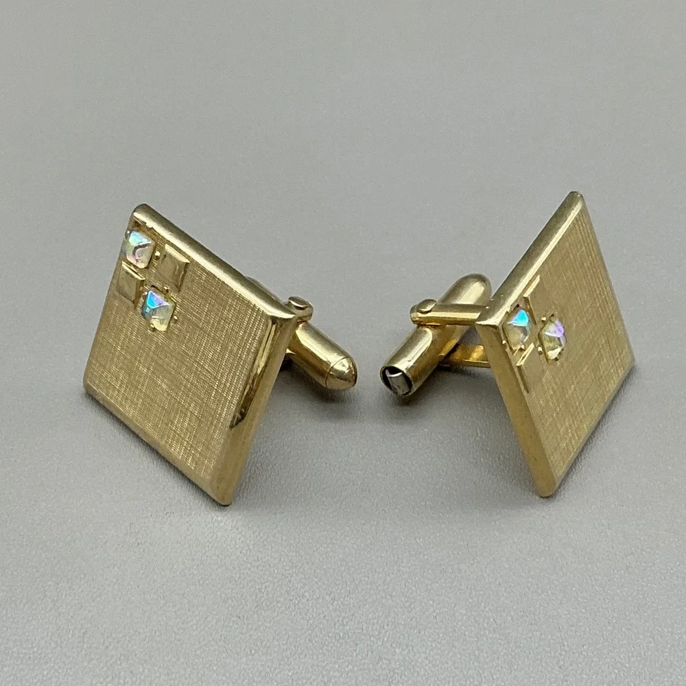 Swank Gold Tone Cufflinks Tie Clip Set AB Rhinestone Mid Century Men's Vintage